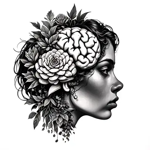thigh tattoo of a woman's half face with brain exposed and succulent plants growing out of half of the brain tattoo design idea