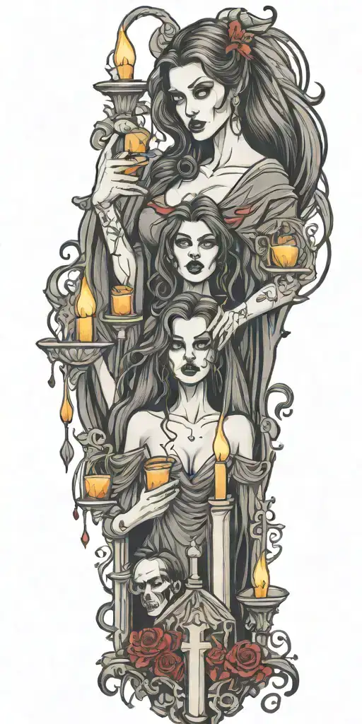 multiple vampire blood women candle burning cemetary background tattoo design idea