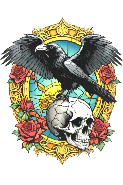 raven flying over skull and roses with stained glass background black with bright sun in center tattoo design idea