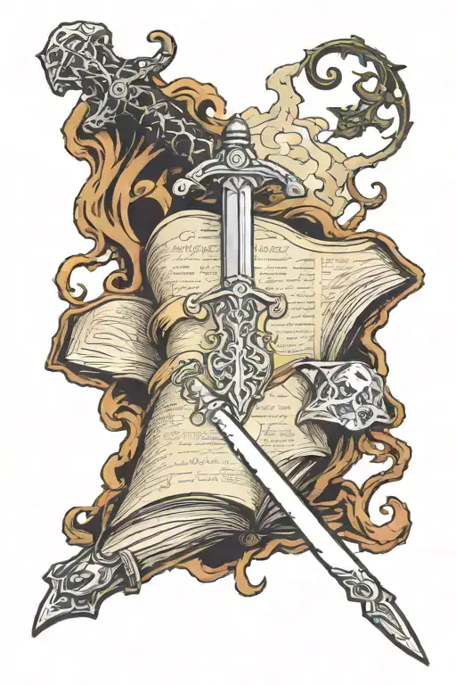 fantasy sword, d20 in hilt, stabbing through open spell book tattoo design idea