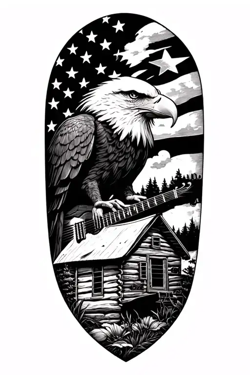 Combine elements of a log cabin, acoustic guitar, and a bald eagle into a cohesive blackwork sleeve tattoo, symbolizing the client's love for music, nature, and patriotism tattoo design idea