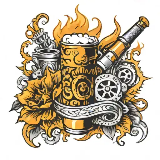 An intricate tattoo showing a burning cigarette, a reference to alcohol, an engine piston tattoo design idea