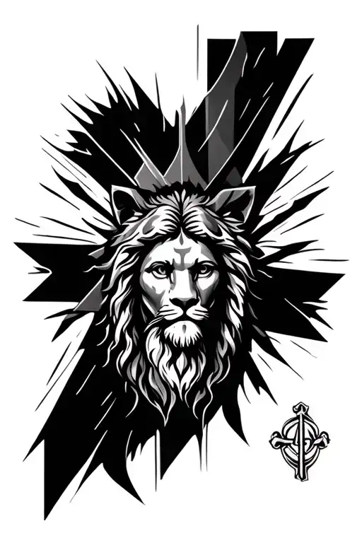 a christian tattoo that has a cross with jesus' face on the left side of the cross and a lions face on the right side of tattoo design idea