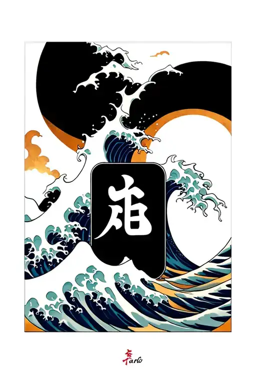 Traditional Japanese tattoo featuring the great wave and the name "arlo" in katakana tattoo design idea