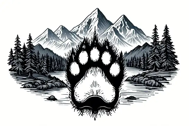 dog's paw and nose print surrounded my mountain range tattoo design idea