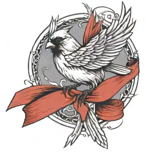 Cardinal bird in flight carrying ribbon  tattoo design idea