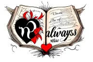 fantasy book, a heart, the word "always", the name Mike tattoo design idea