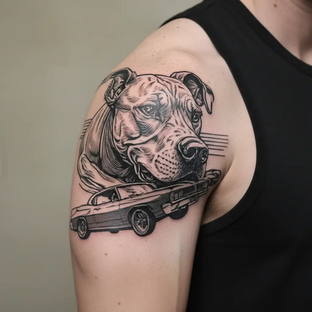 A black-grey tattoo of a muscular pitbull driving a 73 Pontiac GTO on an open road tattoo design idea