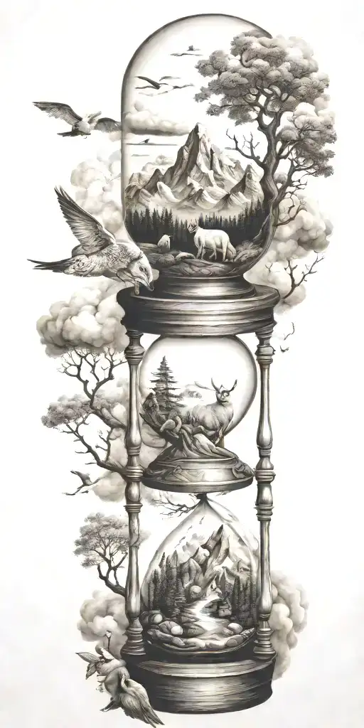 mountains, clouds, animals, hourglass , tree tattoo design idea