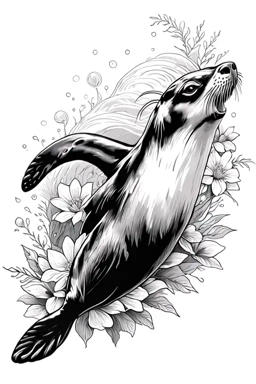 Black and white fine line tattoo of a sea lion swimming with waves and flowers tattoo design idea