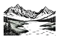 golf course mountains baseball black lab with river  tattoo design idea