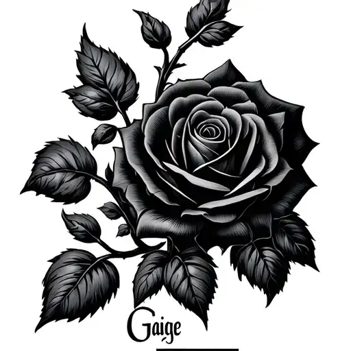 “Bold ‘Gaige in letters with a simple black rose vine weaving through the letters tattoo design idea