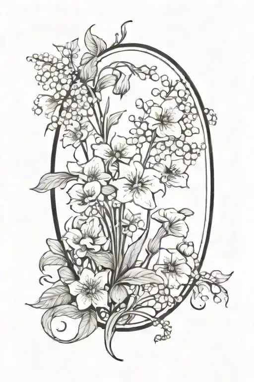 oval frame out of vines belladonna, lily of the valley, moon flowers, wolfsbane flower, mushrooms at bottom tattoo design idea