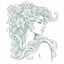 The side profile of a vibrant, gentle looking Medusa with flowers entwined in her hair with cute snakes and butterflies  tattoo design idea