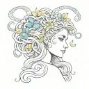 The side profile of a vibrant, gentle looking Medusa with flowers entwined in her hair with cute snakes and butterflies  tattoo design idea