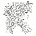 The side profile of a vibrant, gentle looking Medusa with flowers entwined in her hair with cute snakes and butterflies  tattoo design idea