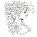 The side profile of a vibrant, gentle looking Medusa with flowers entwined in her hair with cute snakes and butterflies  tattoo design idea