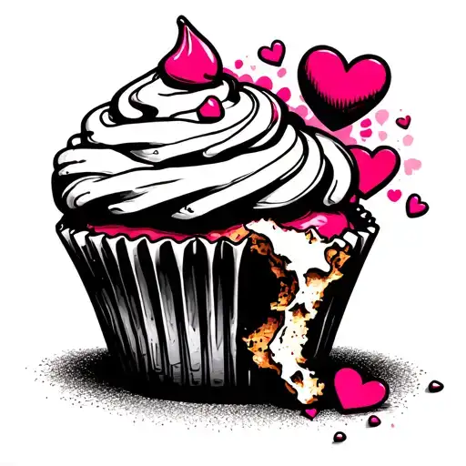 cupcake with frosting, heart sprinkles with a bite taken out of it. playful, flirty, slightly cheeky vibe tattoo design idea