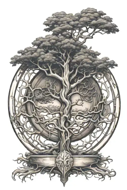 cryptic tree of life intertwined with a wooden shield of protection tattoo design idea