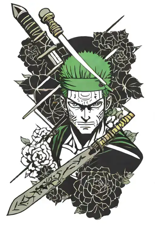 one piece zoro swords crossed with sakura petals tattoo design idea
