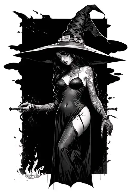 Witch burning, surrealism, anime, dark, wide angle, background artistic, black and white, tattoo. Woman with sexy outfit tattoo design idea