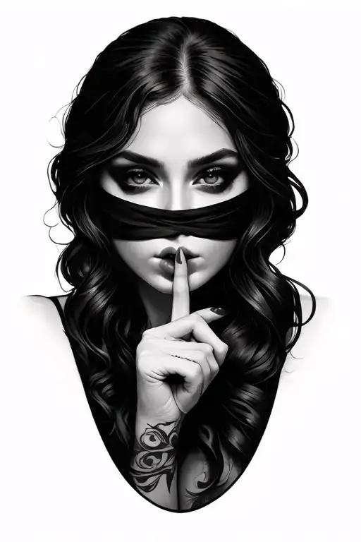 Realistic woman, eyes hidden, finger to lips in 'shh' pose, mysterious and magical aura,  tattoo design idea