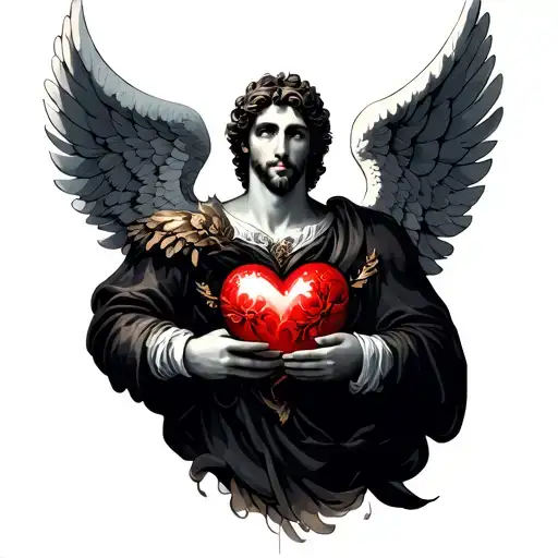 fallen male angel holding a heart tattoo design idea