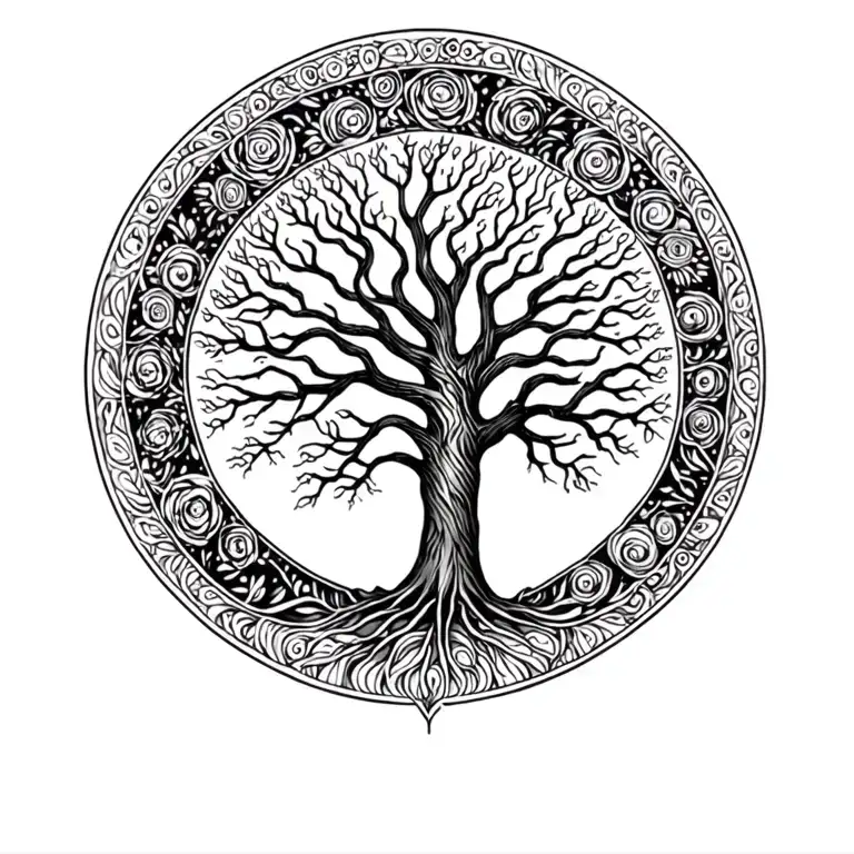 Circular tree coverup tattoo design idea