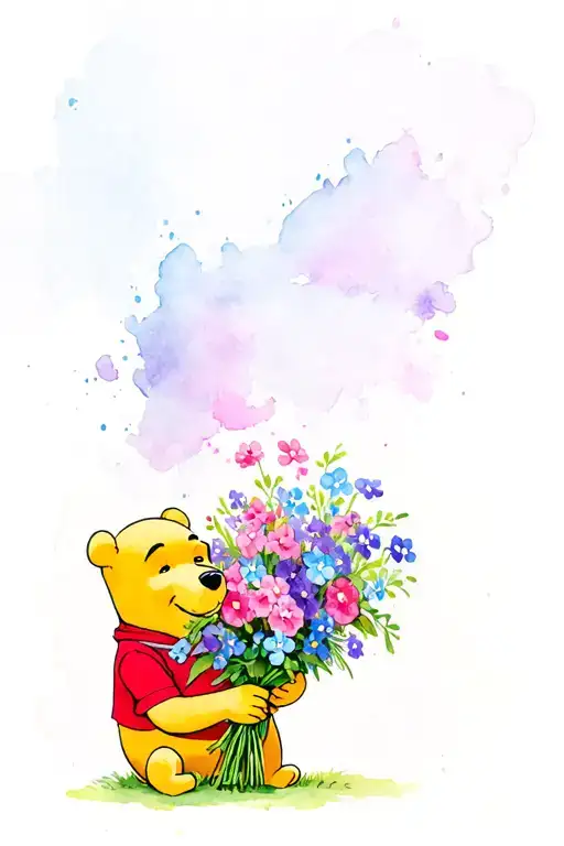 Winnie the Pooh make sure he’s yellow with a red top holding a bouquet of pink purple and blue forget me nots with a pur tattoo design idea