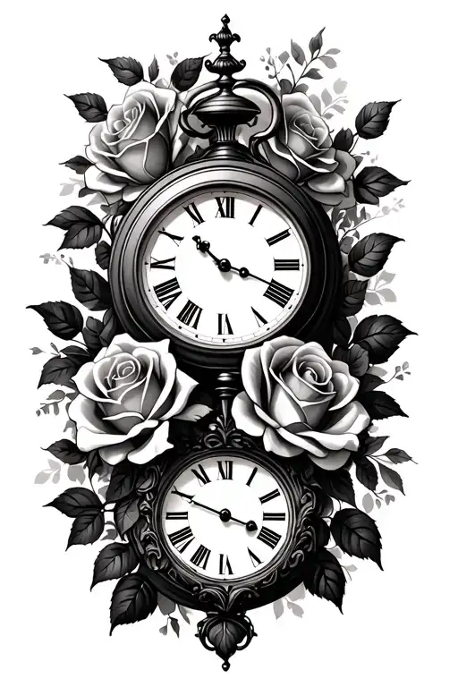 clock and roses sleeve tattoo design idea