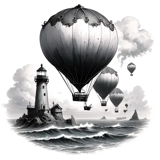 steam punk hot air balloons flying by light house over ocean tattoo design idea