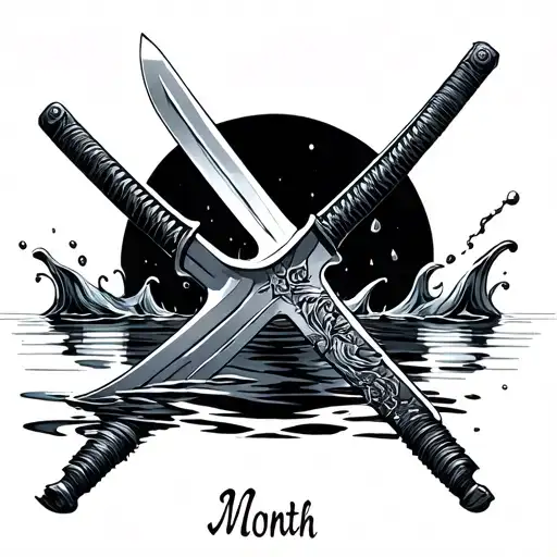 A samurai sword that blade on the water floating water from and behind it is the Month Image tattoo design idea