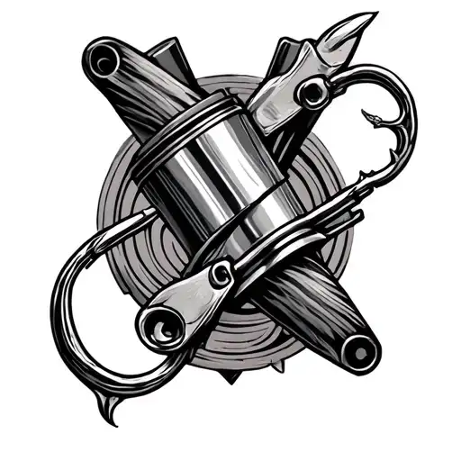 fishing hook and engine piston in the shape of a "X" tattoo design idea