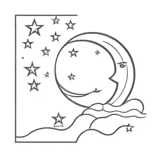 crescent moon and stars over river tattoo design idea