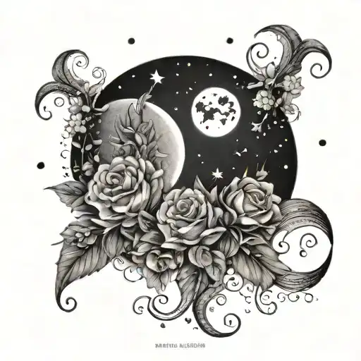 witchy moon and flowers tattoo design idea