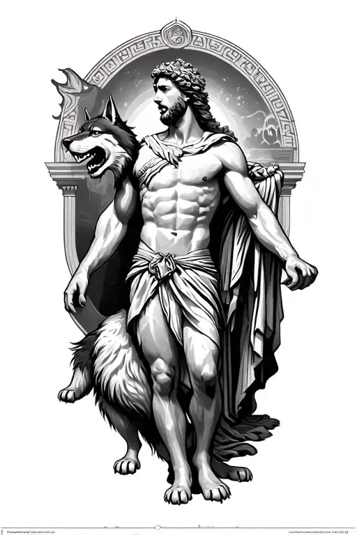 Apollo greek god with his wolf howling  . the oracle of delphi in the background  tattoo design idea