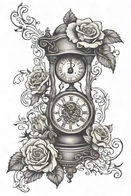 rose clock with date 1972 and 2002 faith hourglass combined tattoo design idea