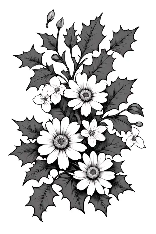 flower vine with Holly plant, violet, Daisy, cherry blossom, snowdrop flower tattoo design idea