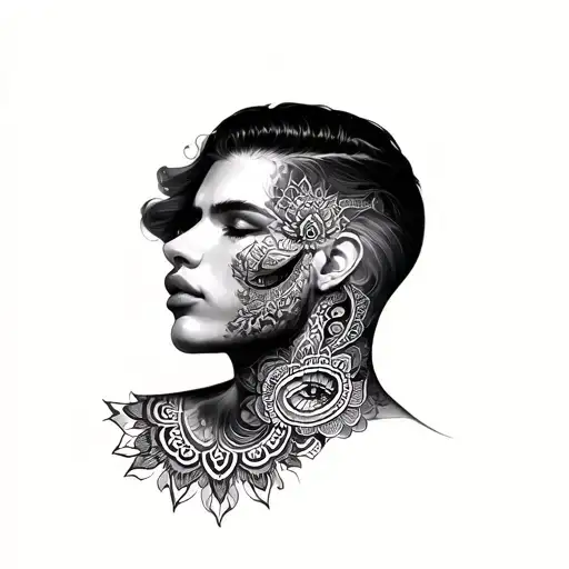mandala neck tattoo on neck for men with ocean snow and womend lips on the side tattoo design idea