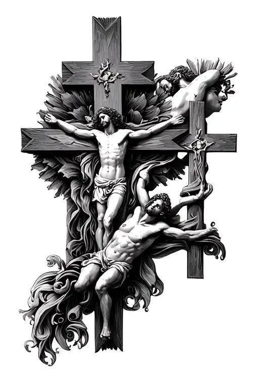 the three crosses of calvary at the bottom of the forearm with the creation of adam in the middle  tattoo design idea
