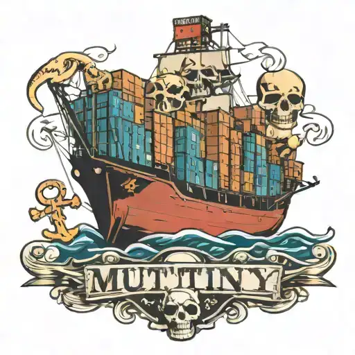 container ship with stacks of containers with a skull and anchor below and with text below that says "Mutiny" tattoo design idea