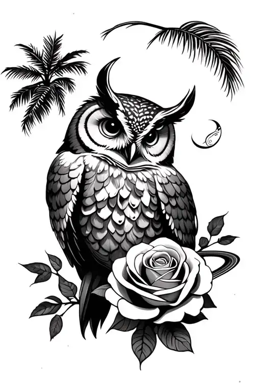 ox and owl and palm tree and saturn and rose tattoo design idea