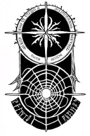 web of wyrd connected to vegvisir symbol surrounded by the phrase patientia ad accipiendum, fortitudo ad perficiendum tattoo design idea