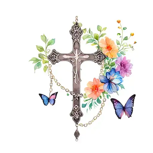 catholic irish cross, rosary beads around it, flowers, butterflies tattoo design idea