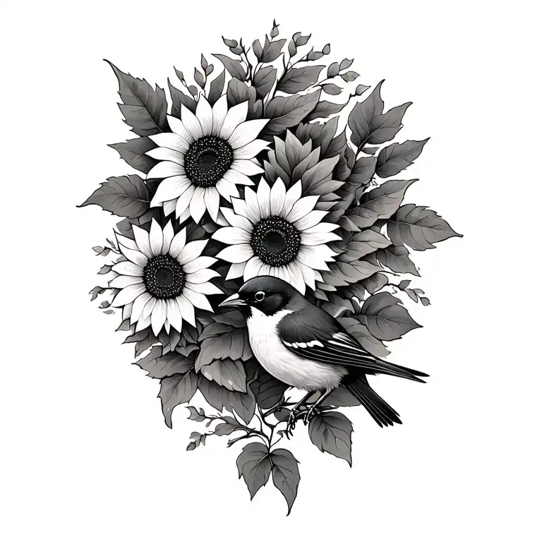 I want a shoulder tattoo that has sunflowers leaves and vines and a sparrow has Matthew 10:29-31 tattoo design idea
