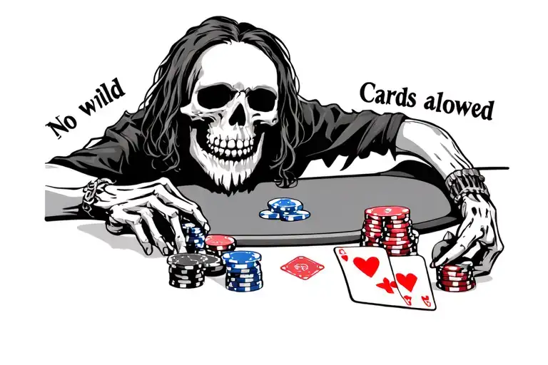 A skeleton with medium length hair and a medium length beard, playing poker on a table that says “No wild cards allowed” tattoo design idea