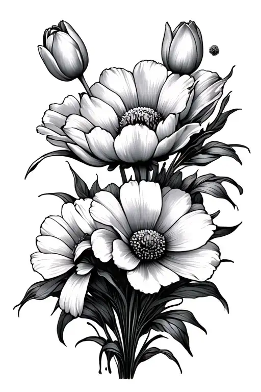 Cosmos and tulip flower bouquet tattoo design idea