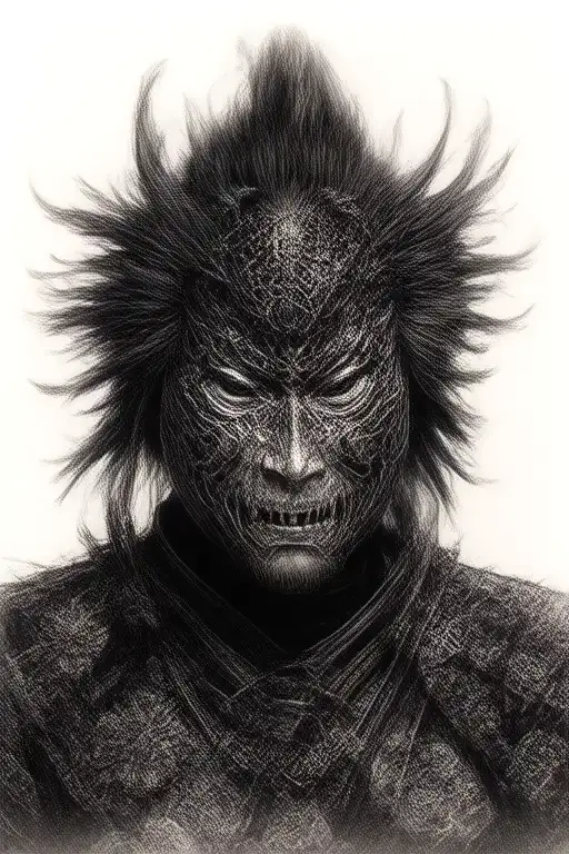 samurai warrior Miyamoto Musashi in Japanese style oni mask tattoo design idea