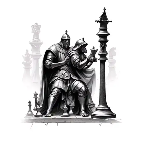 Chess game, fight between knight and bishop, figures from Lord of the Rings (Rider of Rohan) tattoo design idea