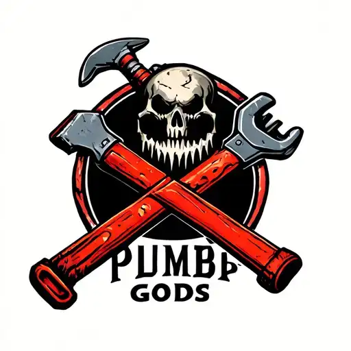 "Plumbing Gods" pipe wrench crossed with slug hammer  tattoo design idea